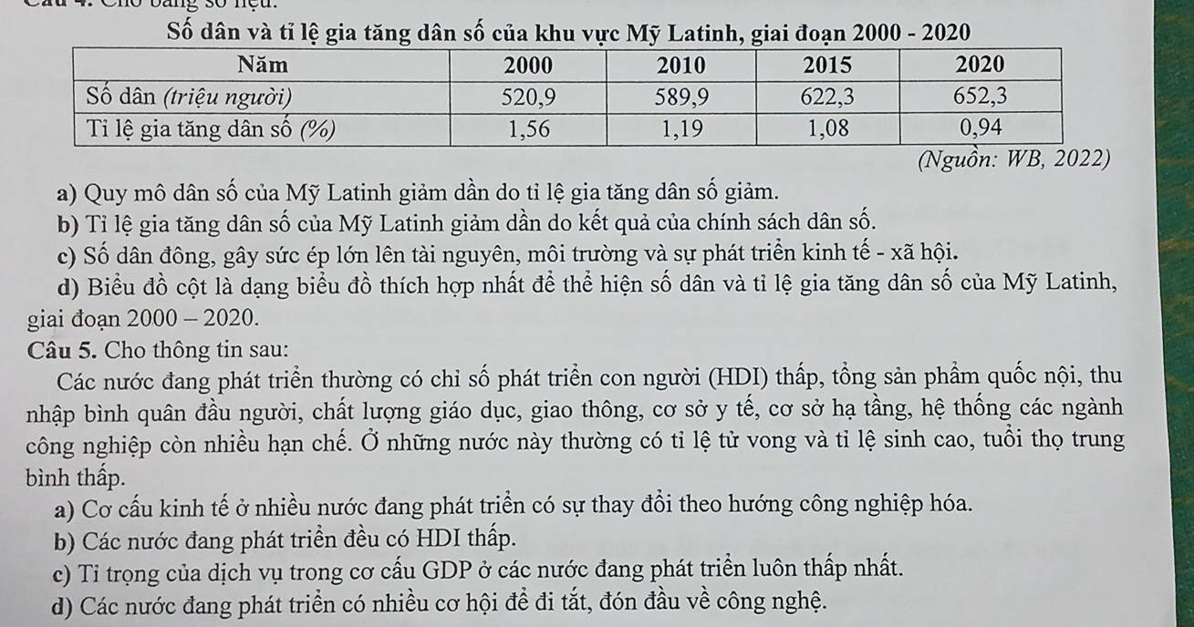 Số dân và tỉ lệ gia tăng dân số của khu vực Mỹ Latinh, giai đoạn 2000 - 2020 
(Nguồn: WB, 2022) 
a) Quy mô dân số của Mỹ Latinh giảm dần do tỉ lệ gia tăng dân số giảm. 
b) Tỉ lệ gia tăng dân số của Mỹ Latinh giảm dần do kết quả của chính sách dân số. 
c) Số dân đông, gây sức ép lớn lên tài nguyên, môi trường và sự phát triển kinh tế - xã hội. 
d) Biểu đồ cột là dạng biểu đồ thích hợp nhất để thể hiện số dân và tỉ lệ gia tăng dân số của Mỹ Latinh, 
giai đoạn 2000 - 2020. 
Câu 5. Cho thông tin sau: 
Các nước đang phát triển thường có chỉ số phát triển con người (HDI) thấp, tổng sản phẩm quốc nội, thu 
nhập bình quân đầu người, chất lượng giáo dục, giao thông, cơ sở y tế, cơ sở hạ tầng, hệ thống các ngành 
công nghiệp còn nhiều hạn chế. Ở những nước này thường có tỉ lệ tử vong và tỉ lệ sinh cao, tuổi thọ trung 
bình thấp. 
a) Cơ cấu kinh tế ở nhiều nước đang phát triển có sự thay đổi theo hướng công nghiệp hóa. 
b) Các nước đang phát triền đều có HDI thấp. 
c) Tỉ trọng của dịch vụ trong cơ cấu GDP ở các nước đang phát triển luôn thấp nhất. 
d) Các nước đang phát triển có nhiều cơ hội để đi tắt, đón đầu về công nghệ.