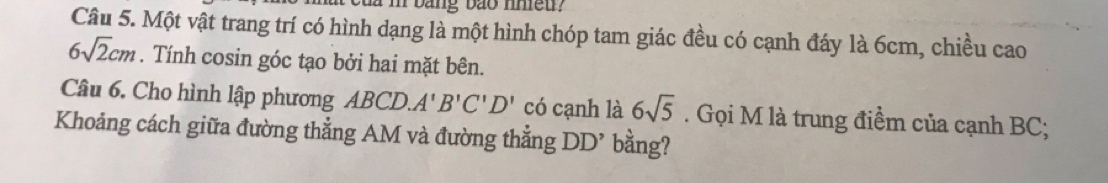 bang bao nhet 
Câu 5. Một vật trang trí có hình dạng là một hình chóp tam giác đều có cạnh đáy là 6cm, chiều cao
6sqrt(2)cm. Tính cosin góc tạo bởi hai mặt bên. 
Câu 6. Cho hình lập phương ABCD. A'B'C'D' có cạnh là 6sqrt(5). Gọi M là trung điểm của cạnh BC; 
Khoảng cách giữa đường thẳng AM và đường thẳng DD’ bằng?