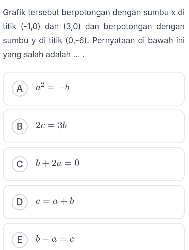 Grafik tersebut berpotongan dengan sumbu x di
titik (-1,0) dan (3,0) dan berpotongan dengan
sumbu y di titik (0,-6). Pernyataan di bawah ini
yang salah adalah ... .
A a^2=-b
B 2c=3b
C b+2a=0
D c=a+b
E b-a=c