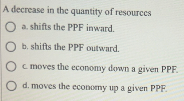 Solved: A decrease in the quantity of resources a. shifts the PPF ...