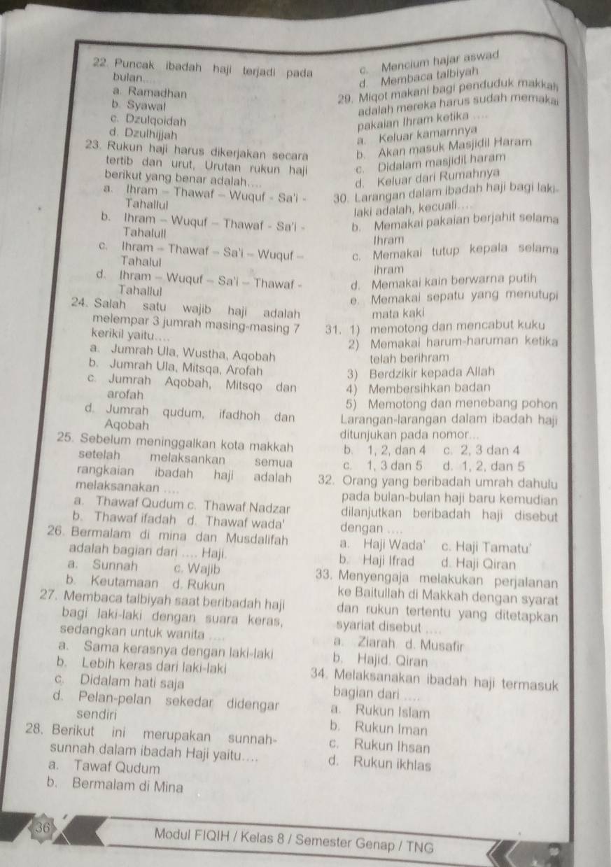 Puncak ibadah haji terjadi pada c. Mencium hajar aswad
bulan.
d. Membaca talbiyah
a Ramadhan
b. Syawa!
29. Miqot makani bagi penduduk makkai
adalah mereka harus sudah memaka
c. Dzulqoidah
pakaian Ihram ketika ....
d. Dzulhijjah
a. Keluar kamarnnya
23. Rukun haji harus dikerjakan secara b. Akan masuk Masjidil Haram
tertib dan urut, Urutan rukun haj c. Didaiam masjidil haram
berikut yang benar adalah....
d. Keluar dari Rumahnya
a. Ihram - Thawaf — Wuquf - Sa'i - 30. Larangan dalam ibadah haji bagi laki-
Tahallul
laki adalah, kecuali....
b. Ihram - Wuquf — Thawaf - Sa'i - b.  Memakai pakaian berjahit selama
Tahalull
Ihram
c. Ihram - Thawaf - Sa'i - Wuquf - c. Memakai tutup kepala selama
Tahalul
ihram
d. Ihram — Wuquf — Sa'i - Thawaf - d. Memakai kain berwarna putih
Tahallul
e. Memakai sepatu yang menutupi
24. Salah satu wajib haji adalah mata kaki
melempar 3 jumrah masing-masing 7 31. 1) memotong dan mencabut kuku
kerikil yaitu....
2) Memakai harum-haruman ketika
a. Jumrah Ula, Wustha, Aqobah
telah berihram
b. Jumrah Ula, Mitsqa, Arofah
3) Berdzikir kepada Allah
c. Jumrah Aqobah, Mitsqo dan 4) Membersihkan badan
arofah
5) Memotong dan menebang pohon
d. Jumrah qudum, ifadhoh dan Larangan-larangan dalam ibadah haji
Aqobah
ditunjukan pada nomor...
25. Sebelum meninggalkan kota makkah b. 1, 2, dan 4 c. 2, 3 dan 4
setelah melaksankan semua c. 1, 3 dan 5 d. 1, 2, dan 5
rangkaian ibadah haji adalah 32. Orang yang beribadah umrah dahulu
melaksanakan .... pada bulan-bulan haji baru kemudian
a. Thawaf Qudum c. Thawaf Nadzar dilanjutkan beribadah haji disebut
b. Thawaf ifadah d. Thawaf wada' dengan ....
26. Bermalam di mina dan Musdalifah a. Haji Wada' c. Haji Tamatu'
adalah bagian dari .... Haji. b. Haji Ifrad d. Haji Qiran
a. Sunnah c. Wajib 33. Menyengaja melakukan perjalanan
b. Keutamaan d. Rukun ke Baitullah di Makkah dengan syarat
27. Membaca talbiyah saat beribadah haji dan rukun tertentu yang ditetapkan
bagi laki-laki dengan suara keras, syariat disebut     
sedangkan untuk wanita a. Ziarah d. Musafir
a. Sama kerasnya dengan laki-laki b. Hajid. Qiran
b. Lebih keras dari laki-laki 34. Melaksanakan ibadah haji termasuk
c. Didalam hati saja bagian dari .  
d. Pelan-pelan sekedar didengar a. Rukun Islam
sendiri b. Rukun Iman
28. Berikut ini merupakan sunnah- c. Rukun Ihsan
sunnah dalam ibadah Haji yaitu.... d. Rukun ikhlas
a. Tawaf Qudum
b. Bermalam di Mina
31
Modul FIQIH / Kelas 8 / Semester Genap / TNG