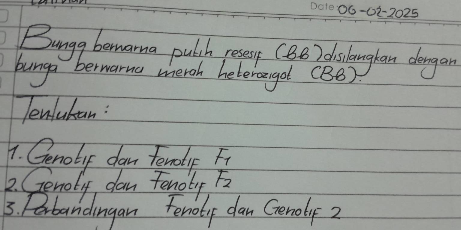 00-02-2025 
Bungg bemarna pulsh reses (BB) diclanghan dergan 
bunga berwarnc weroh heberogol (BB) 
Tenluhan : 
1. Genobp dgn fenolyf F 
2. Genoly dan Fenoli F 
3. Fobandingan Fenoly dan Genolf 2