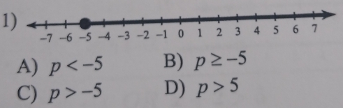 1
A) p B) p≥ -5
C) p>-5 D) p>5