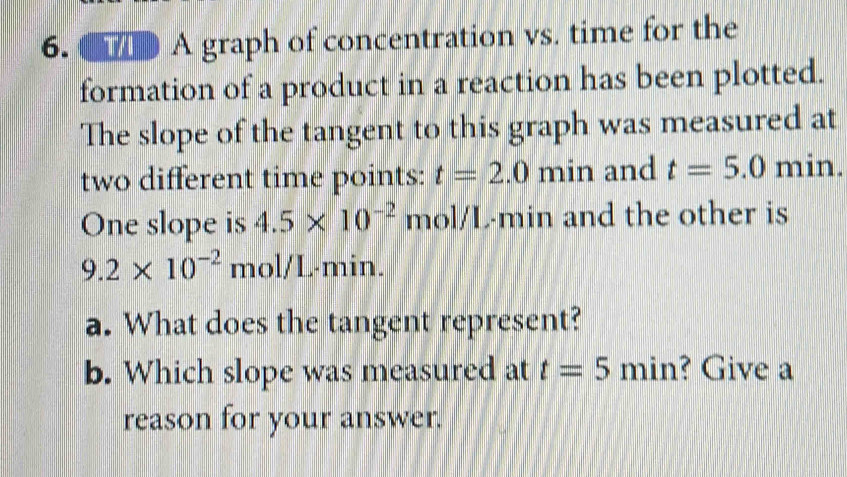 A graph of concentration vs. time for the 
formation of a product in a reaction has been plotted. 
The slope of the tangent to this graph was measured at 
two different time points: t=2.0 min and t=5.0 min. 
One slope is 4.5* 10^(-2) mol/L-min and the other is
9.2* 10^(-2) mol/L-min. 
a. What does the tangent represent? 
b. Which slope was measured at t=5 min? Give a 
reason for your answer.