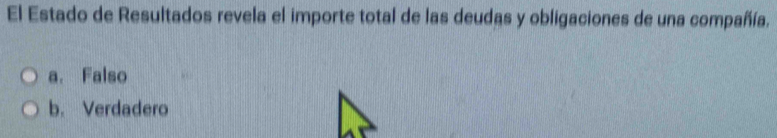 El Estado de Resultados revela el importe total de las deudas y obligaciones de una compañía.
a. Falso
b. Verdadero