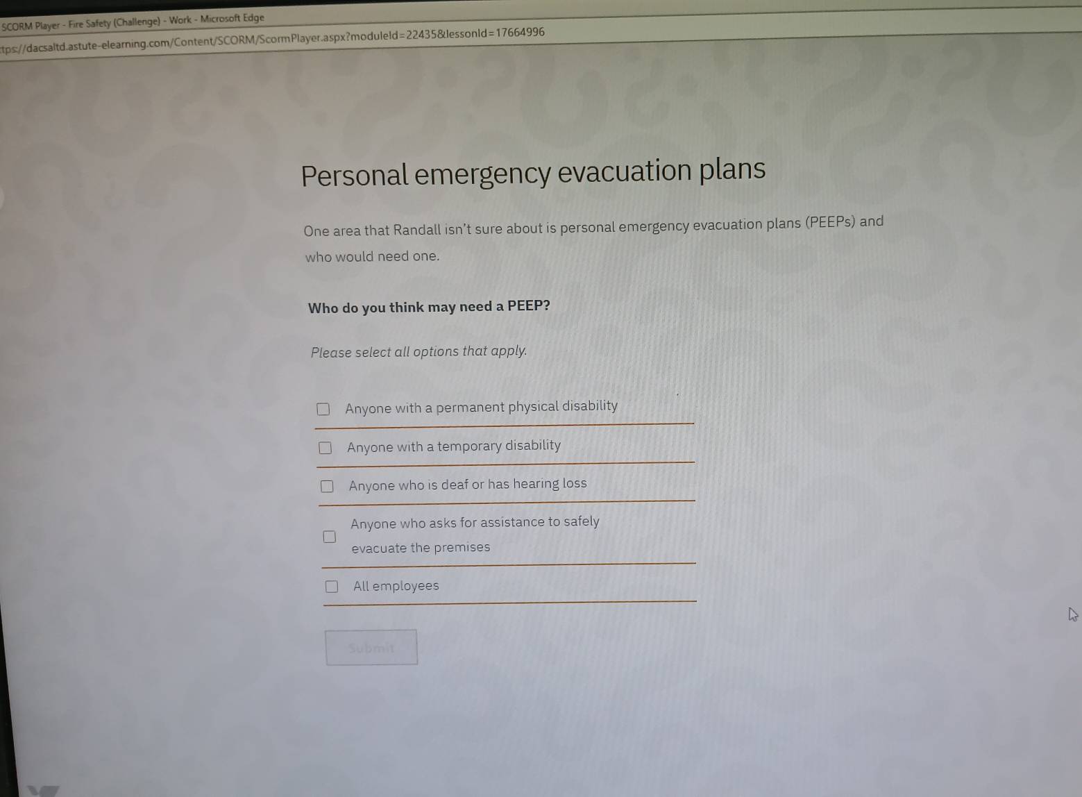 Solved: SCORM Player - Fire Safety (Challenge) - Work - Microsoft Edge ...