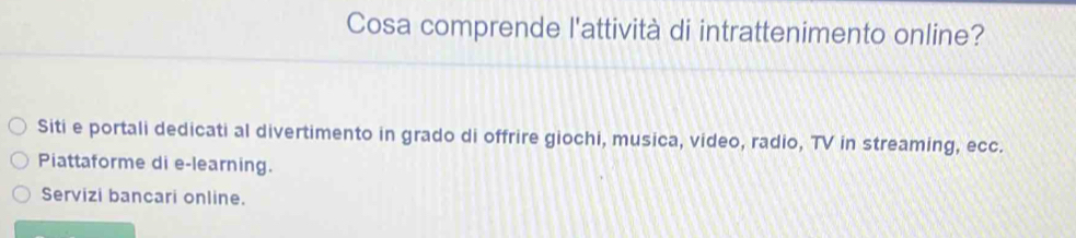 Cosa comprende l'attività di intrattenimento online?
Siti e portali dedicati al divertimento in grado di offrire giochi, musica, video, radio, TV in streaming, ecc.
Piattaforme di e-learning.
Servizi bancari online.