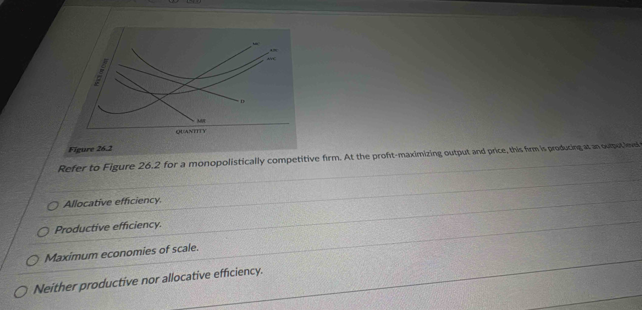 MC
ATC
AVC
D
MR
QUANTITY
Figure 26.2
Refer to Figure 26.2 for a monopolistically competitive firm. At the proft-maximizing output and price, this firm is producing at an ourput level
Allocative efficiency.
Productive efficiency.
Maximum economies of scale.
Neither productive nor allocative efficiency.