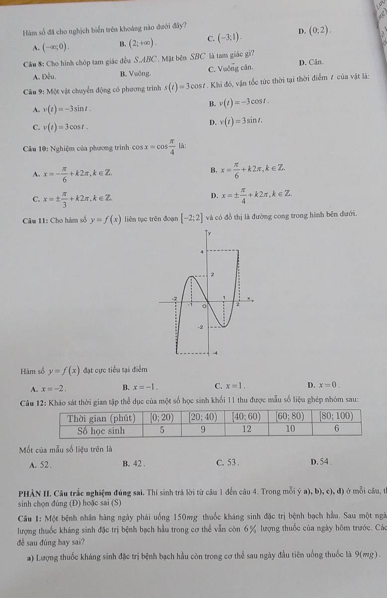 Hàm số đã cho nghịch biển trên khoảng nào dưới đây?
A. (-∈fty ;0). B. (2;+∈fty ). C. (-3;1).
D. (0;2).
Câu 8: Cho hình chóp tam giác đều S.ABC . Mặt bên SBC là tam giác gì? D. Cân.
A. Đều. B. Vuông. C. Vuông cân.
* Câu 9: Một vật chuyển động có phương trình s(t)=3cos t Khi đó, vận tốc tức thời tại thời điểm 1 của vật là:
A. v(t)=-3sin t.
B. v(t)=-3cos t.
C. v(t)=3cos t.
D. v(t)=3sin t.
Câu 10 :  Nghiệm của phương trình cos x=cos  π /4  là:
A. x=- π /6 +k2π ,k∈ Z.
B. x= π /6 +k2π ,k∈ Z.
D.
C. x=±  π /3 +k2π ,k∈ Z. x=±  π /4 +k2π ,k∈ Z.
* Câu 11: Cho hàm số y=f(x) liên tục trên đoạn [-2;2] và có đồ thị là đường cong trong hình bên đưới.
Hàm số y=f(x) đạt cực tiểu tại điểm
A. x=-2. B. x=-1. C. x=1. D. x=0.
Câu 12: Khảo sát thời gian tập thể dục của một số học sinh khối 11 thu được mẫu số liệu ghép nhóm sau:
Mốt của mẫu số liệu trên là
A. 52. B. 42 . C. 53 .
D. 54 .
PHẢN II. Câu trắc nghiệm đúng sai. Thí sinh trả lời từ câu 1 đến câu 4. Trong mỗi ý a), b), c), d) ở mỗi câu, th
sinh chọn đúng (Đ) hoặc sai (S)
Câu 1: Một bệnh nhân hàng ngày phải uống 150mg thuốc kháng sinh đặc trị bệnh bạch hầu. Sau một ngà
lượng thuốc kháng sinh đặc trị bệnh bạch hầu trong cơ thể vẫn còn 6% lượng thuốc của ngày hôm trước. Các
đề sau đúng hay sai?
a) Lượng thuốc kháng sinh đặc trị bệnh bạch hầu còn trong cơ thể sau ngày đầu tiên uống thuốc là 9(mg) .