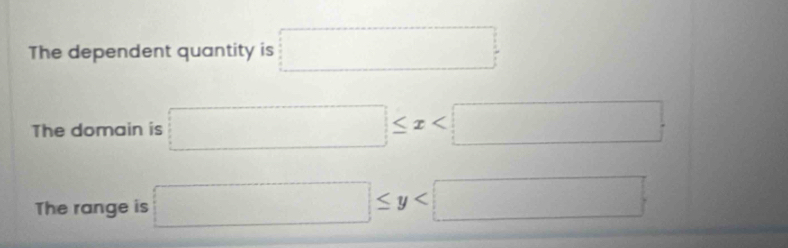 The dependent quantity is □
The domain is □ ≤ x
The range is □ ≤ y