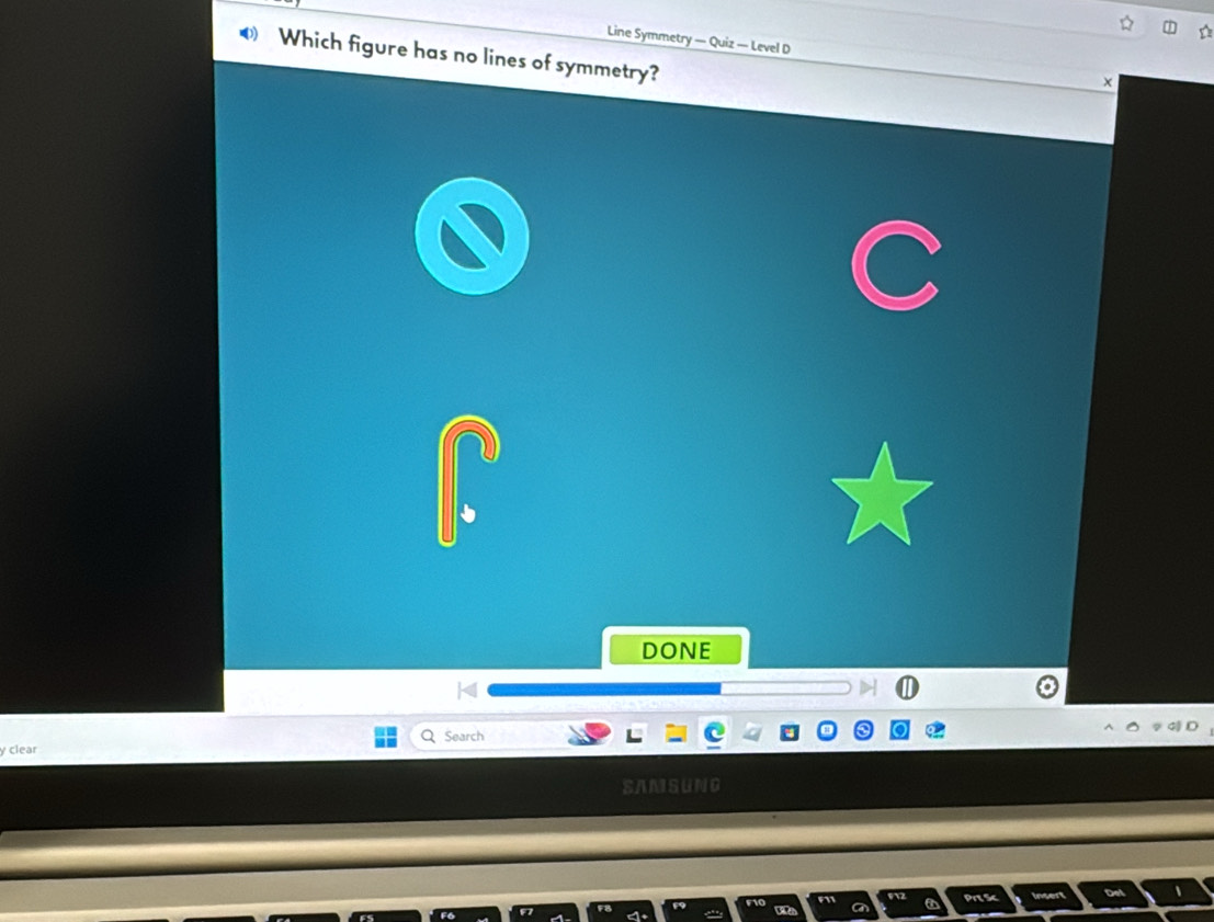 Line Symmetry — Quiz — Level D 
€ Which figure has no lines of symmetry? 
DONE 
Q Search 
y clear 
SAMSUNG
