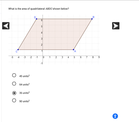 What is the area of quadrilateral ABDC shown below?
45units^2
64units^2
36units^2
90units^2
*