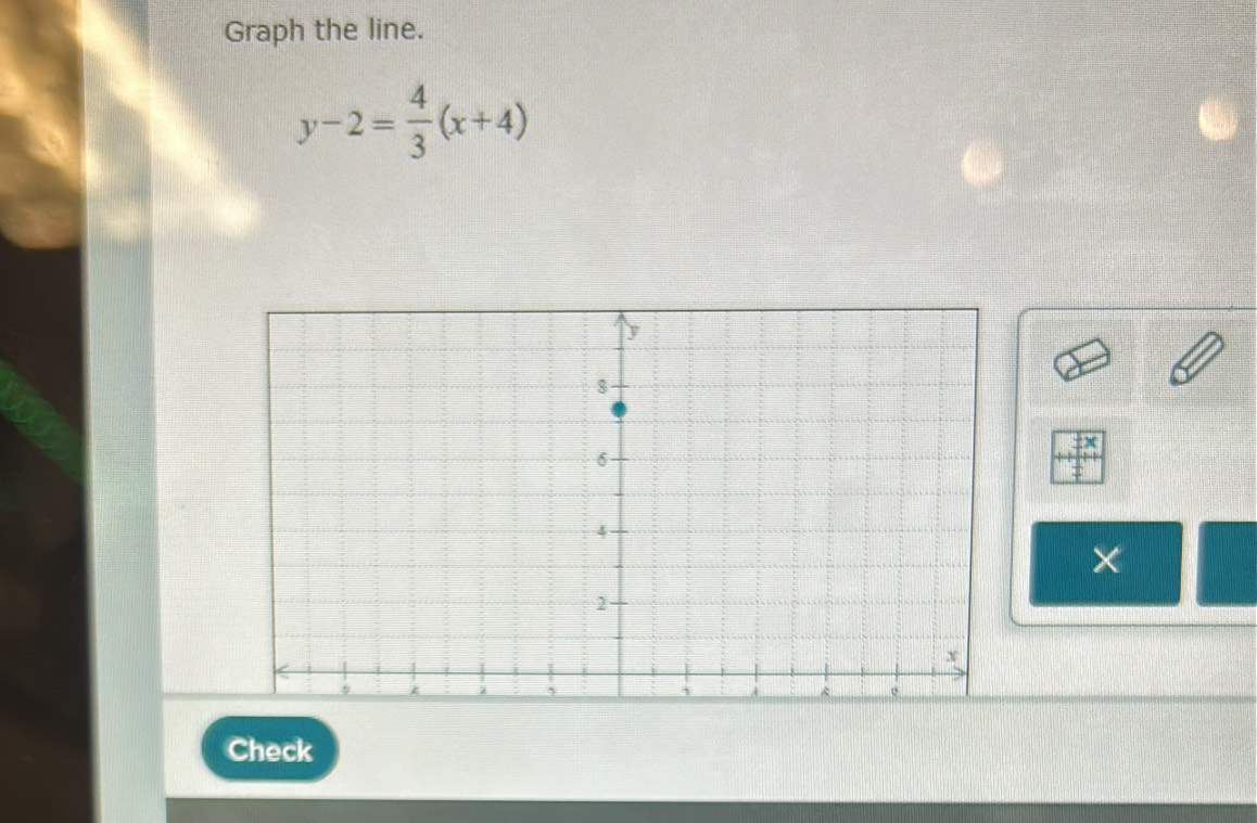 Graph the line.
y-2= 4/3 (x+4)
× 
Check