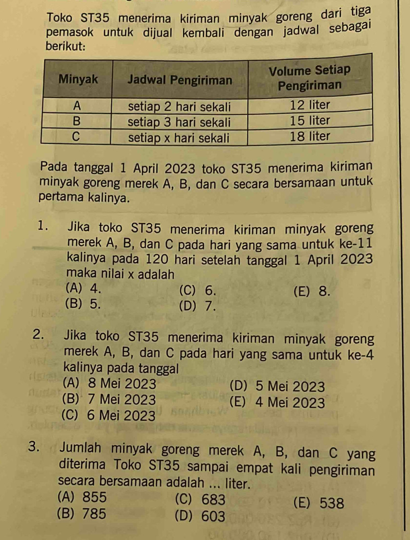 Toko ST35 menerima kiriman minyak goreng dari tiga
pemasok untuk dijual kembali dengan jadwal sebagai
berikut:
Pada tanggal 1 April 2023 toko ST35 menerima kiriman
minyak goreng merek A, B, dan C secara bersamaan untuk
pertama kalinya.
1. Jika toko ST35 menerima kiriman minyak goreng
merek A, B, dan C pada hari yang sama untuk ke- 11
kalinya pada 120 hari setelah tanggal 1 April 2023
maka nilai x adalah
(A) 4. (C) 6. (E) 8.
(B) 5. (D) 7.
2. Jika toko ST35 menerima kiriman minyak goreng
merek A, B, dan C pada hari yang sama untuk ke-4
kalinya pada tanggal
(A) 8 Mei 2023 (D) 5 Mei 2023
(B) 7 Mei 2023 (E) 4 Mei 2023
(C) 6 Mei 2023
3. Jumlah minyak goreng merek A, B, dan C yang
diterima Toko ST35 sampai empat kali pengiriman
secara bersamaan adalah ... liter.
(A) 855 (C) 683 (E) 538
(B) 785 (D) 603