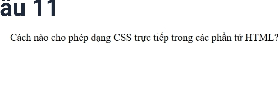 âu 11 
Cách nào cho phép dạng CSS trực tiếp trong các phần tử HTML?