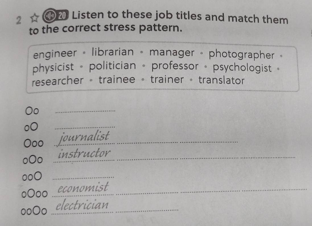 2 
①2 Listen to these job titles and match them 
to the correct stress pattern. 
engineer - librarian - manager - photographer 
physicist - politician - professor - psychologist » 
researcher - trainee 。 trainer 。 translator 
。 
_ 
_ 
_ 
alist 
_ 
instructor 
_ 
0000 _economist 
_ 
electrician