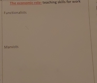 The economic role- teaching skills for work
Functionalists
Marxists