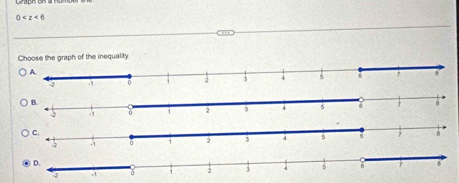 Graph on a humber line
0
Choose the graph of the inequality.
-2