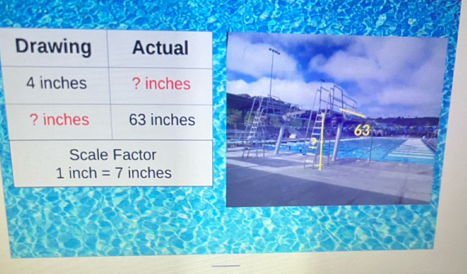 Drawing Actual
4 inches ? inches
? inches 63 inches
Scale Factor
1 inch =7 inches
_