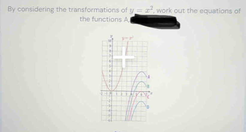 By considering the transformations of y=x^2 , work out the equations of
the functions A,