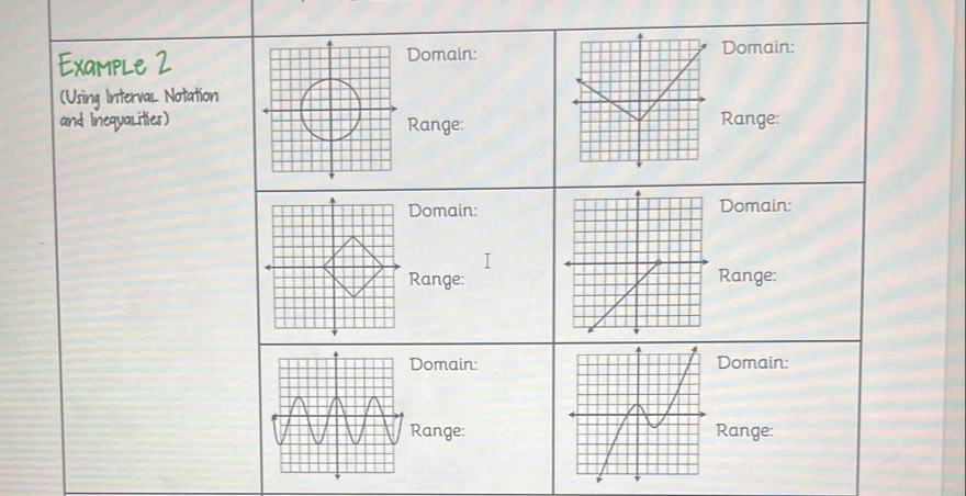 Example 2Domain: 
Domain: 
(Using Interval Notation 
and Inequalities)Range:Range: 
Domain:Domain: 
Range:Range: 
Domain:Domain: 
Range:Range: