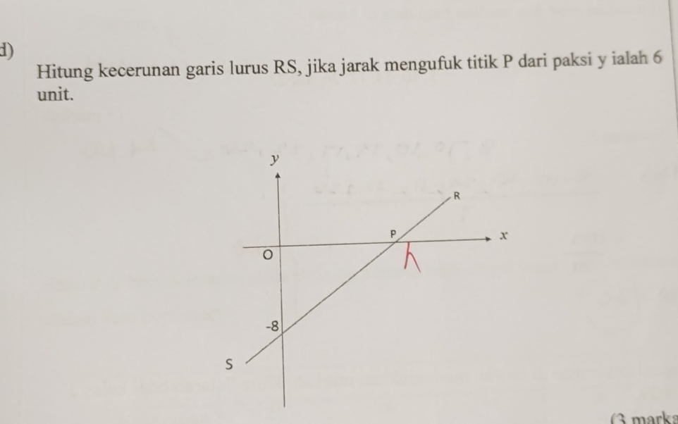 Hitung kecerunan garis lurus RS, jika jarak mengufuk titik P dari paksi y ialah 6
unit. 
marks