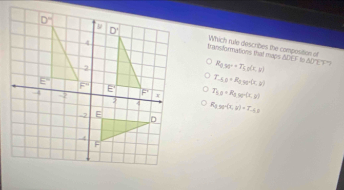 transformations that maps
Which rule describes the composition of △ DEF to △ D°EF 7
R_0.90°circ T_5.0(x,y)
T_-5,0circ R_0,90°(x,y)
T_5,0circ R_0,90°(x,y)
R_0,90°(x,y)=T_-5,0