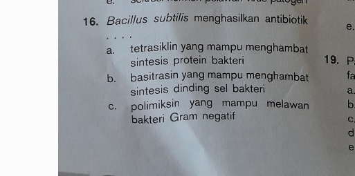 Bacillus subtilis menghasilkan antibiotik
e.
a. tetrasiklin yang mampu menghambat
sintesis protein bakteri 19. P
b. basitrasin yang mampu menghambat fa
sintesis dinding sel bakteri
a.
c. polimiksin yang mampu melawan b
bakteri Gram negatif
C.
d
e