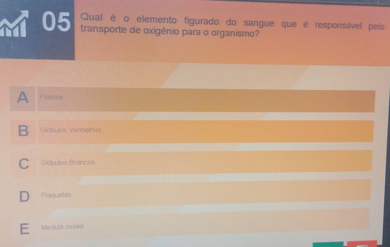 Qual é o elemento figurado do sangue que é responsável pelo
05 transporte de oxigênio para o organismo?
A Plasma
B Glóbulos Vermelhos
C Glóbulos Brancos.
D Plaquetas.
E Medula óssea