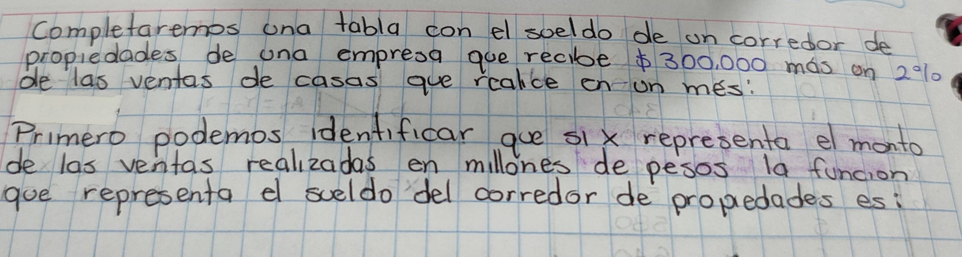 completaremos una tabla con el sceldo de on corredor de 
propiedades de ona empresa que recibe $ 300, 000 mas on 2%
de las ventas de casas aue realce en on mes: 
Primero podemos identificar gue six representa e monto 
de las ventas realizadas en millones de pesos la funcion 
goe representa e sceldo del corredor de propiedades es