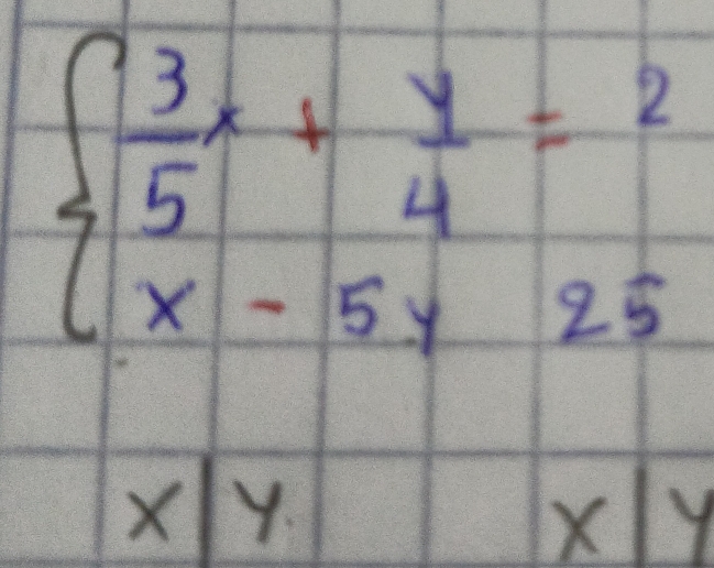 beginarrayl  3/5 +4 y/4 =2 x-5y25 x+yx-5endarray.
x|y