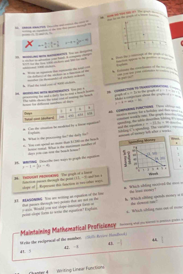 te t  tin ( 2  he gout s   
32. URROR ANALYSS Decribe and ovnlt the irnl i
wrting as expration of the Vee that pases theugh the
poines (1,2) (2,5)
m= (3-2)/4-1 = 1/3  y-2= 1/3 (x-4)
33. MIDDELING WEIN MATNEMATICS Yoe us énignion
a stickes io adverthse youe handt. A company chatgs A. Does the y-imeheupt of the gught of thie l
S2:2/% fore te fent 1082 stfickes aral $8AD foe each
adéticanl 1000 stíckees Batction arpeat oo be positione ot neguei
Esplain
a. White ae oquation that represents the total cond
Un diellunst of the stickers as a function of the  Estimate the connlinates of the two prin. He
coe yue use yoat estimates un confère por un
in parn Cai?
mumber (in thousands) of stickers andened
h. Find the tatal cust of 9000 stickots.
34. MOQELING WITH MATHEMATICS YN 140A
pricessing fine and a daily fine no rent a beach hisse 39. CONNECTION TO TRANSFORMATIONS CO 
The table shows the iotal oast of nonting the beach graph of y=2x to the graph of
y-k=m(x-h)
days Make a conjecture about the graphs of y-1=2a+3 y=mx_1 a
40. COMPARING FUNCTIONS Throe siblings ch
teceive money for a holiday and then spoud it a
constant weekly rate. The graph describes 
a. Can the situation be modeled by a linear e spending, the table describes Sibling B's 
b. What is the processing fee? the daily fee? and the equation y=-22.5x+90 describes
Explain
Sibling C's spending. The variable y represe
c. You can spend no more than $1200 on the beach t of money left after x weeks
Week
house rental. What is the maximum number of
x
days you can rent the beach house?
1
2
35. WRITING Describe two ways to graph the equation
3
y-1= 3/2 (x-4)
4
36. THOUGHT PROVOKING The graph of a linear
function passes through the point (12,-5) and has a
slope of  2/5  Represent this function in two other ways.
a. Which sibling received the most m
37. REASONING You are writing an equation of the line the least money?
that passes through two points that are not on the
y-axis. Would you use slope-intercept form or b. Which sibling spends money at t
point-slope form to write the equation? Explain. the slowest rate?
e. Which sibling runs out of mone
Maintaining Mathematical Proficiency Reviewing what you leared in previous grades a
Write the reciprocal of the number. (Skills Review Hundbook)
43.
41. 5 42. -8 - 2/7  44.  3/2 
Chanter 4 Writing Linear Functions