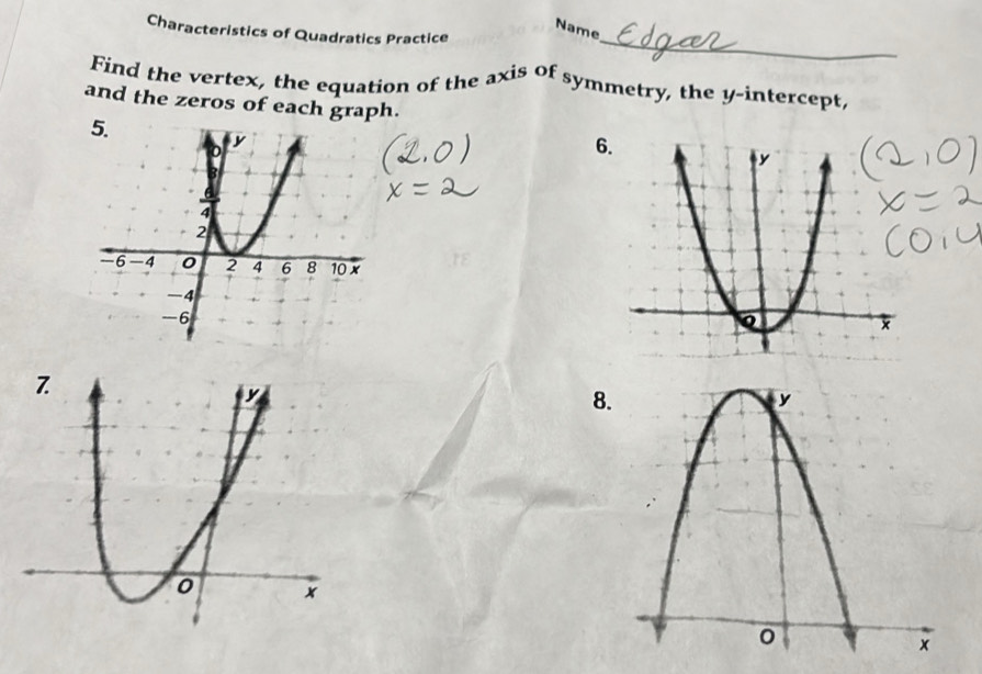 Name 
Characteristics of Quadratics Practice 
Find the vertex, the equation of the axis of symmetry, the y-intercept, 
and the zeros of each graph. 
6 
8.