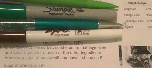Punch Recipe 
tarpe POINT Ginger Ale 40%
Permanent " Marker Orange Juice 25%
Pineapple Juice 20%
Sombet 15
utra 
dry erase fine 
9. Elise does not like sorbet, so she omits that ingredient 
and ades 5 percent of each of the other ingredients. 
How many cups of punch will she have if she uses 6
cups of orange juice?