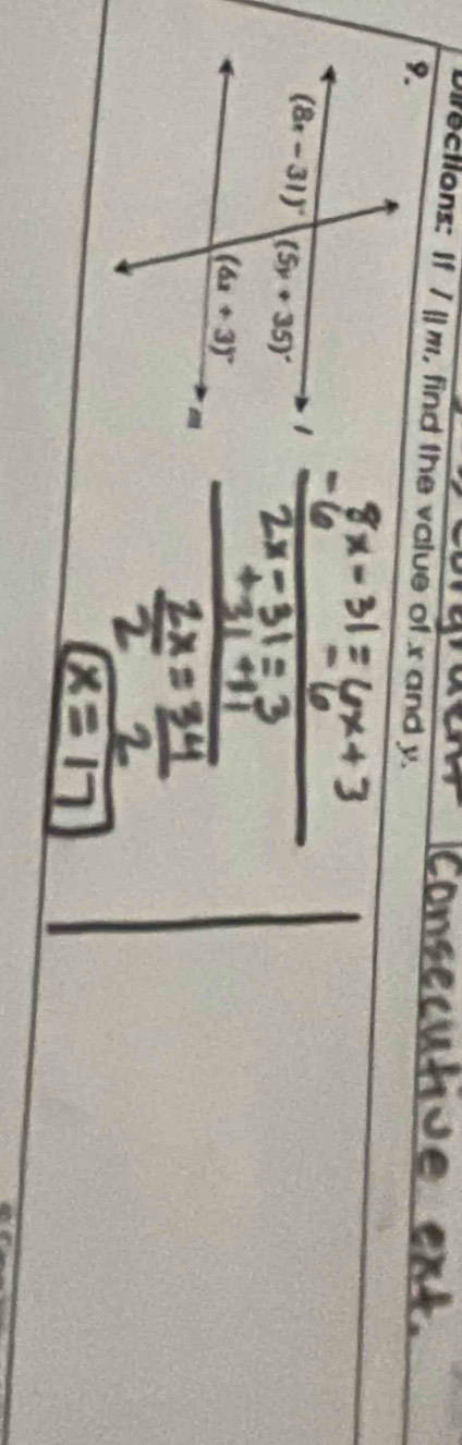 rections: f/||m , find the value of x and y.