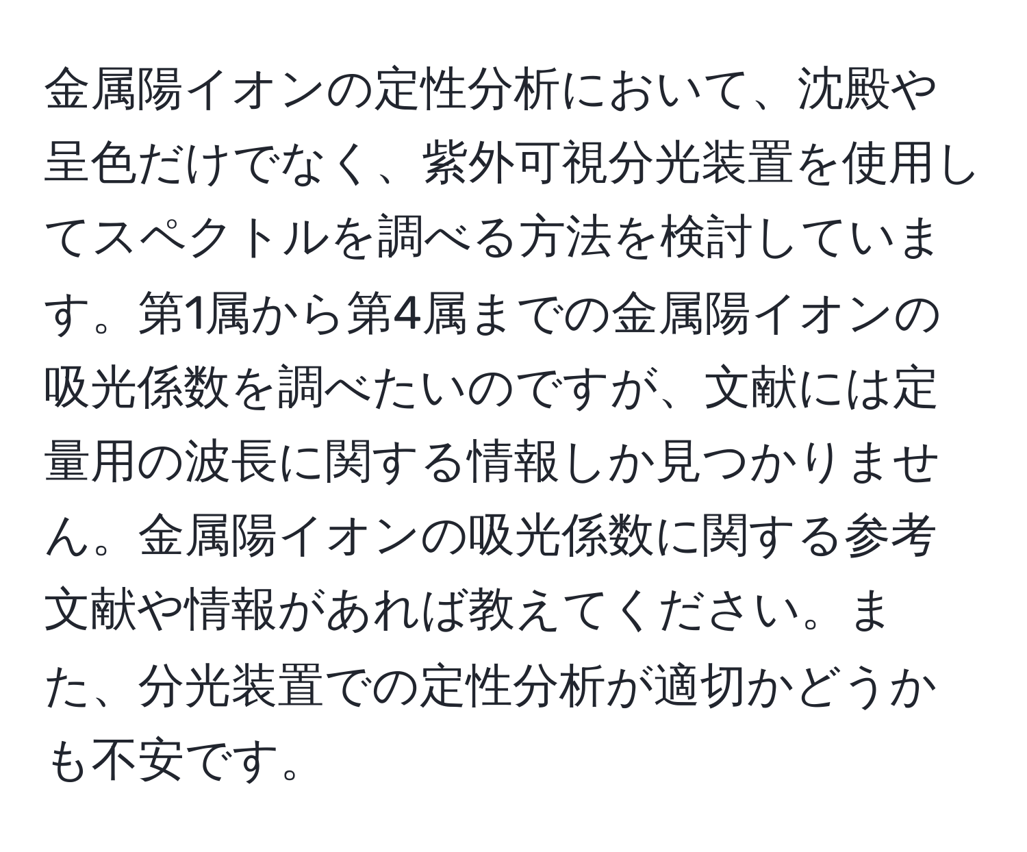 金属陽イオンの定性分析において、沈殿や呈色だけでなく、紫外可視分光装置を使用してスペクトルを調べる方法を検討しています。第1属から第4属までの金属陽イオンの吸光係数を調べたいのですが、文献には定量用の波長に関する情報しか見つかりません。金属陽イオンの吸光係数に関する参考文献や情報があれば教えてください。また、分光装置での定性分析が適切かどうかも不安です。