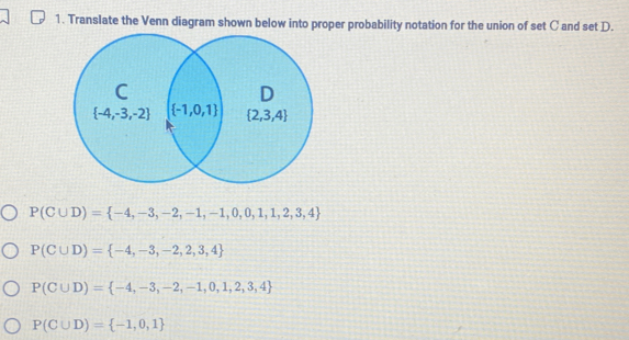 Translate the Venn diagram shown below into proper probability notation for the union of set C and set D.
P(C∪ D)= -4,-3,-2,-1,-1,0,0,1,1,2,3,4
P(C∪ D)= -4,-3,-2,2,3,4
P(C∪ D)= -4,-3,-2,-1,0,1,2,3,4
P(C∪ D)= -1,0,1