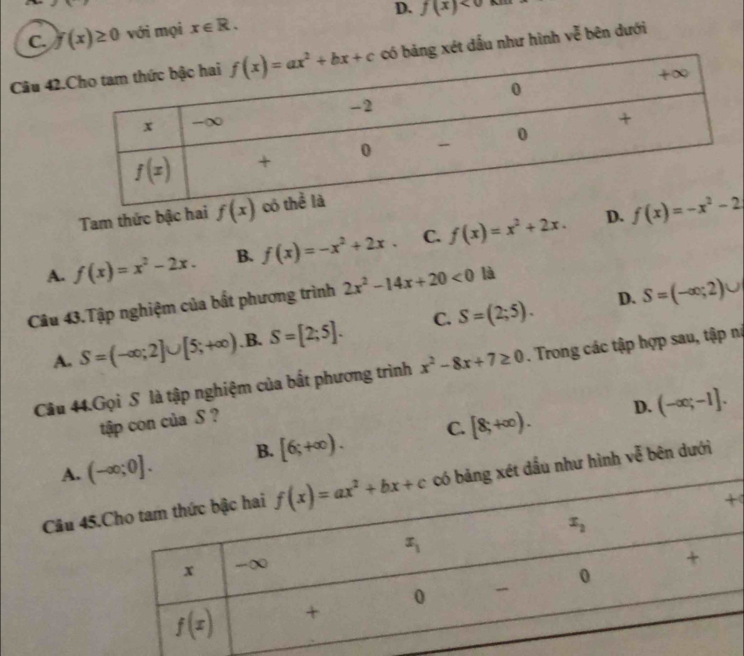 C. f(x)≥ 0 với mọi x∈ R. D. f(x)<0</tex>
Câu 42.ng xét đấu như hình vễ bên dưới
Tam thức bậc hai f(x)
D.
A. f(x)=x^2-2x. B. f(x)=-x^2+2x. C. f(x)=x^2+2x. f(x)=-x^2-2
D.
Câu 43.Tập nghiệm của bất phương trình 2x^2-14x+20<0</tex> là
A. S=(-∈fty ;2]∪ [5;+∈fty ) B. S=[2;5]. C. S=(2;5). S=(-∈fty ;2)∪
Câu 44.Gọi S là tập nghiệm của bất phương trình x^2-8x+7≥ 0. Trong các tập hợp sau, tập nà
D. (-∈fty ;-1].
tập con của S ?
C. [8,+∈fty ).
B. [6;+∈fty ).
A. 
Câu 45.u như hình vễ bên dưới