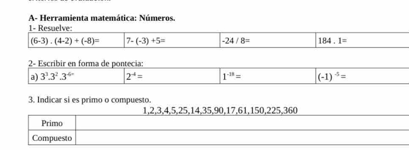 A- Herramienta matemática: Números.
3. Indicar si es primo o compuesto.
1,2,3,4,5,25,14,35,90,17,61,150,225,360
Primo
Compuesto