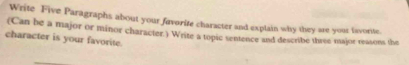 Write Five Paragraphs about your favorite character and explain why they are your favorite. 
(Can be a major or minor character.) Write a topic sentence and describe three major reasons the 
character is your favorite.