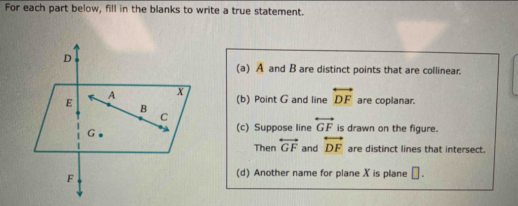 For each part below, fill in the blanks to write a true statement. 
(a) A and B are distinct points that are collinear. 
(b) Point G and line overleftrightarrow DF
are coplanar. 
(c) Suppose line overleftrightarrow GF is drawn on the figure. 
Then overleftrightarrow GF and overleftrightarrow DF are distinct lines that intersect. 
(d) Another name for plane X is plane □.