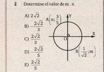 Determine el valor de m . n
A) 2sqrt(2)
B) - 2sqrt(2)/3 
C)  2sqrt(2)/3 
D) - 2sqrt(2)/5 
E)  2sqrt(2)/5 