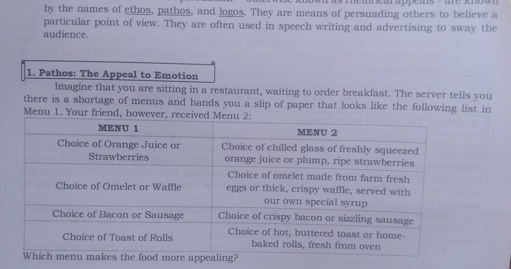 metorcal appeais - are known 
by the names of ethos, pathos, and logos. They are means of persuading others to believe a 
particular point of view. They are often used in speech writing and advertising to sway the 
audience. 
1. Pathos: The Appeal to Emotion 
Imagine that you are sitting in a restaurant, waiting to order breakfast. The server tells you 
there is a shortage of menus and hands you a slip of paper that looks like the following list in 
Menu 1. Your friend, howev