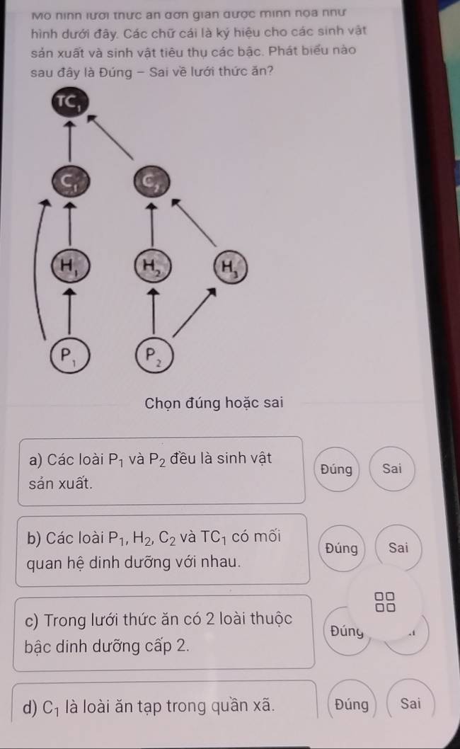 Mô ninh lưới thưc an đơn gian được minn nọa như
hình dưới đây. Các chữ cái là ký hiệu cho các sinh vật
sản xuất và sinh vật tiêu thụ các bậc. Phát biểu nào
sau đây là Đúng - Sai về lưới thức ăn?
Chọn đúng hoặc sai
a) Các loài P_1 và P_2 đều là sinh vật Đúng
sản xuất. Sai
b) Các loài P_1,H_2,C_2 và TC_1 có mối Đúng Sai
quan hệ dinh dưỡng với nhau.
c) Trong lưới thức ăn có 2 loài thuộc Đúny .i
bậc dinh dưỡng cấp 2.
d) C_1 là loài ăn tạp trong quần xã. Đúng Sai