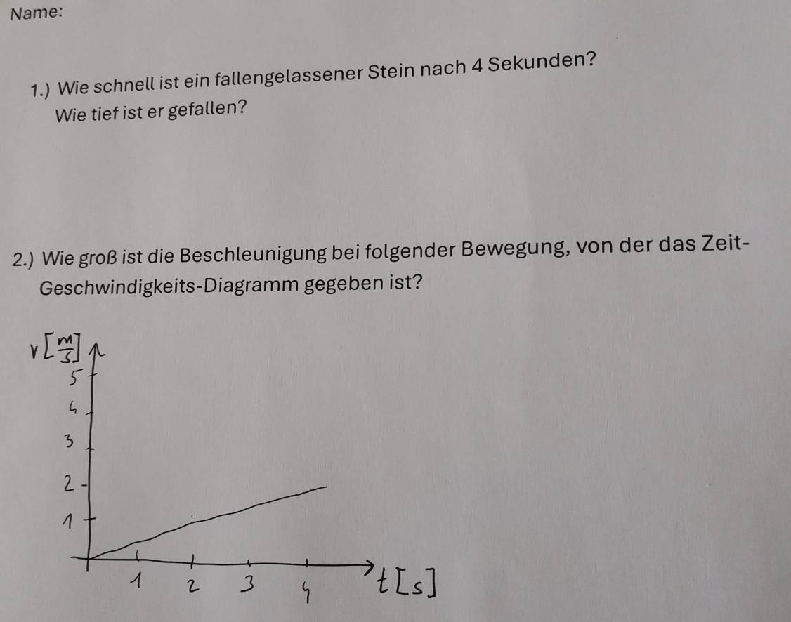 Name: 
1.) Wie schnell ist ein fallengelassener Stein nach 4 Sekunden? 
Wie tief ist er gefallen? 
2.) Wie groß ist die Beschleunigung bei folgender Bewegung, von der das Zeit- 
Geschwindigkeits-Diagramm gegeben ist?