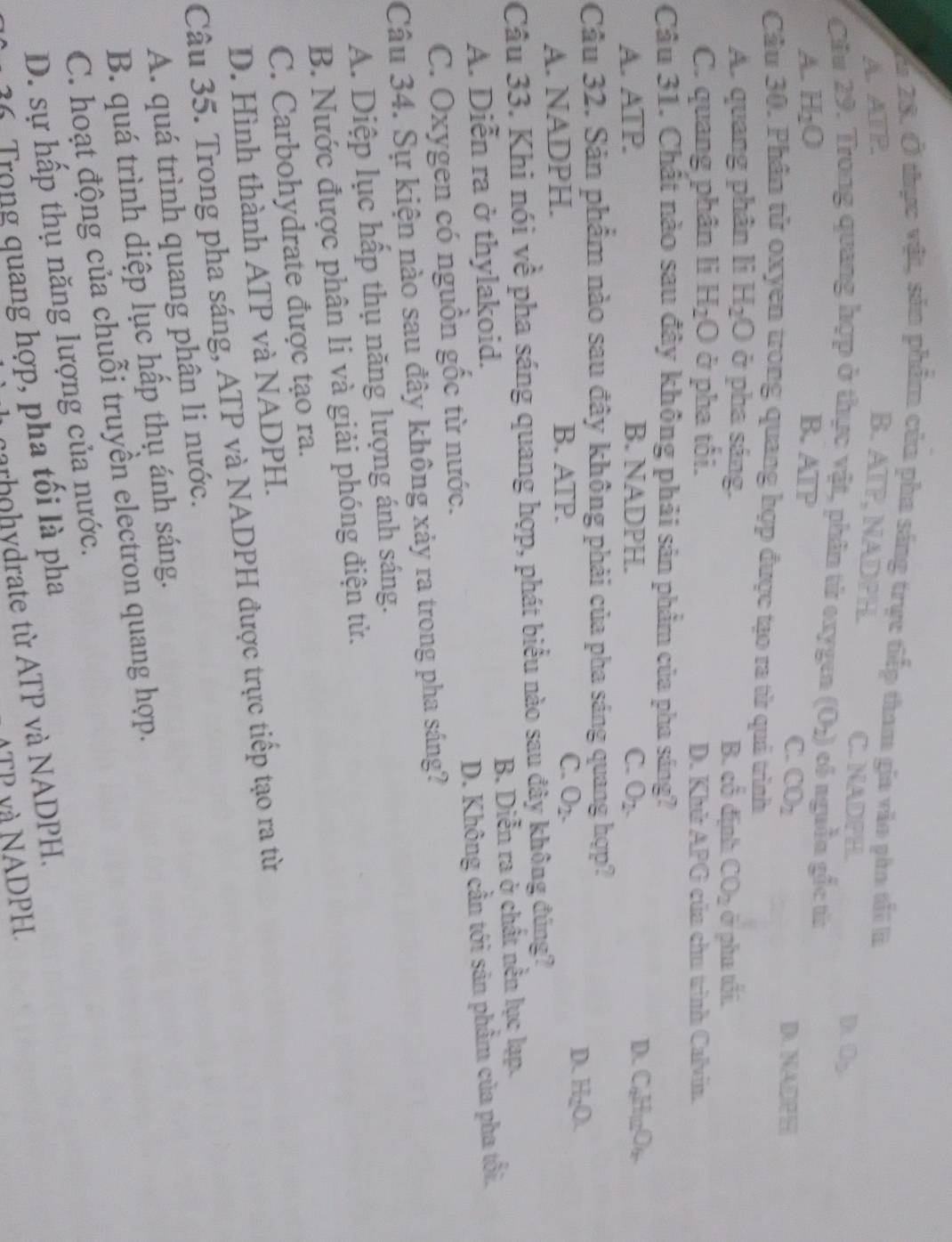 Ya 28. Ở thực vật, sản phẩm của pha sáng trực tiếp tham gia vào pàn tấi B
A. ATP.P. B. ATP, NADPH. C. NADPH
D O_2
Câu 29. Trong quang hợp ở thực vật, phân tử exygea (O_2) có nguồn gắc từ
A. H_2O B. ATP
C. CO_2 D. NADPE
Câu 30. Phân tử oxyen trong quang hợp được tạo ra từ quả trình
A. quang phân li H_2O ở pha sáng.
B. co^(frac 2)3 định CO_2 ở pha tổi
C. quang phân li H_2O ở pha tối. D. Khử APG của chu trình Calvin.
Câu 31. Chất nào sau đây không phải sản phẩm của pha sáng?
A. ATP. B. NADPH. C. O_2.
D. C_4H_12O_4
Câu 32. Sản phẩm nào sau đây không phải của pha sáng quang hợp?
A. NADPH. B. ATP. C. O_2.
D. H_2O.
Câu 33. Khi nói về pha sáng quang hợp, phát biểu nào sau đây không đúng?
A. Diễn ra ở thylakoid. B. Diễn ra ở chất nền lục lạp.
C. Oxygen có nguồn gốc từ nước. D. Không cần tới sản phẩm của pha tối.
Câu 34. Sự kiện nào sau đây không xảy ra trong pha sáng?
A. Diệp lục hấp thụ năng lượng ánh sáng.
B. Nước được phân li và giải phóng điện tử.
C. Carbohydrate được tạo ra.
D. Hình thành ATP và NADPH.
Câu 35. Trong pha sáng, ATP và NADPH được trực tiếp tạo ra từ
A. quá trình quang phân li nước.
B. quá trình diệp lục hấp thụ ánh sáng.
C. hoạt động của chuỗi truyền electron quang hợp.
D. sự hấp thụ năng lượng của nước.
36. Trọng quang hợp, pha tôi là pha
arhohydrate từ ATP và NADPH.
TP và NADPH.