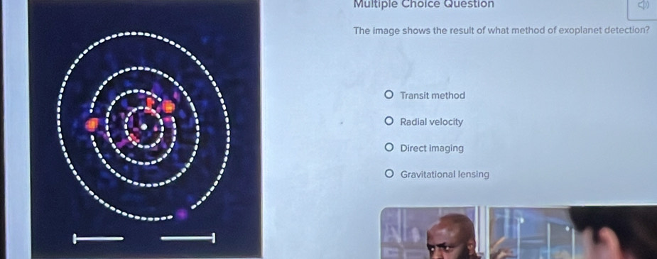 Question
The image shows the result of what method of exoplanet detection?
Transit method
Radial velocity
Direct imaging
Gravitational lensing