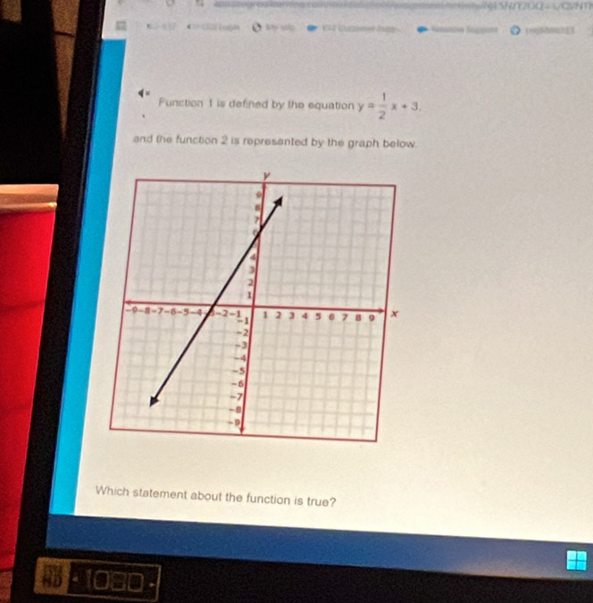 My slp CTã Cli zinioe Rung D (N203 
Function 1 is defined by the equation y= 1/2 x+3. 
and the function 2 is represented by the graph below. 
Which statement about the function is true?