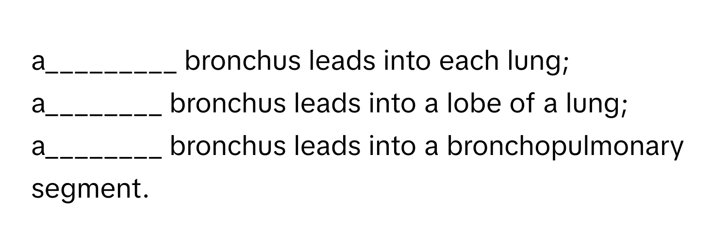 a_________ bronchus leads into each lung; a________ bronchus leads into a lobe of a lung; a________ bronchus leads into a bronchopulmonary segment.