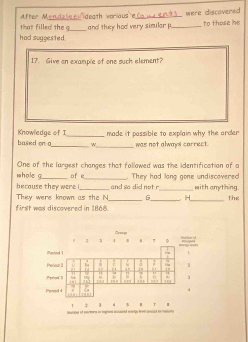 After M_ a ee death various e_ were discovered 
that filled the g_ and they had very similar p_ to those he 
had suggested. 
17. Give an example of one such element? 
Knowledge of I_ made it possible to explain why the order 
based on a_ w_ was not always correct. 
One of the largest changes that followed was the identification of a 
whole g_ of e_ . They had long gone undiscovered 
because they were i_ and so did not r_ with anything. 
They were known as the N_ G_ H_ the 
first was discovered in 1868. 
Group 
Number of
1 2 3 4 5 0 7 enongy Rnel enped 
Pariod 1 He 1
2
Period 2 Ba : 
Na 2
 1 22 D 24 2 s 2 6 2
" 12 14 18
Ns Mg A , 1 2 8
A 3
Period 3 261 282 2 8 3 2 8 4 285 286 361 283. D 
K Ca
4
Period 4 2181
1 2 3 4 5 6 7 8
Number of electons in highest occupied enorgy levil (ixcrpt fox halium)